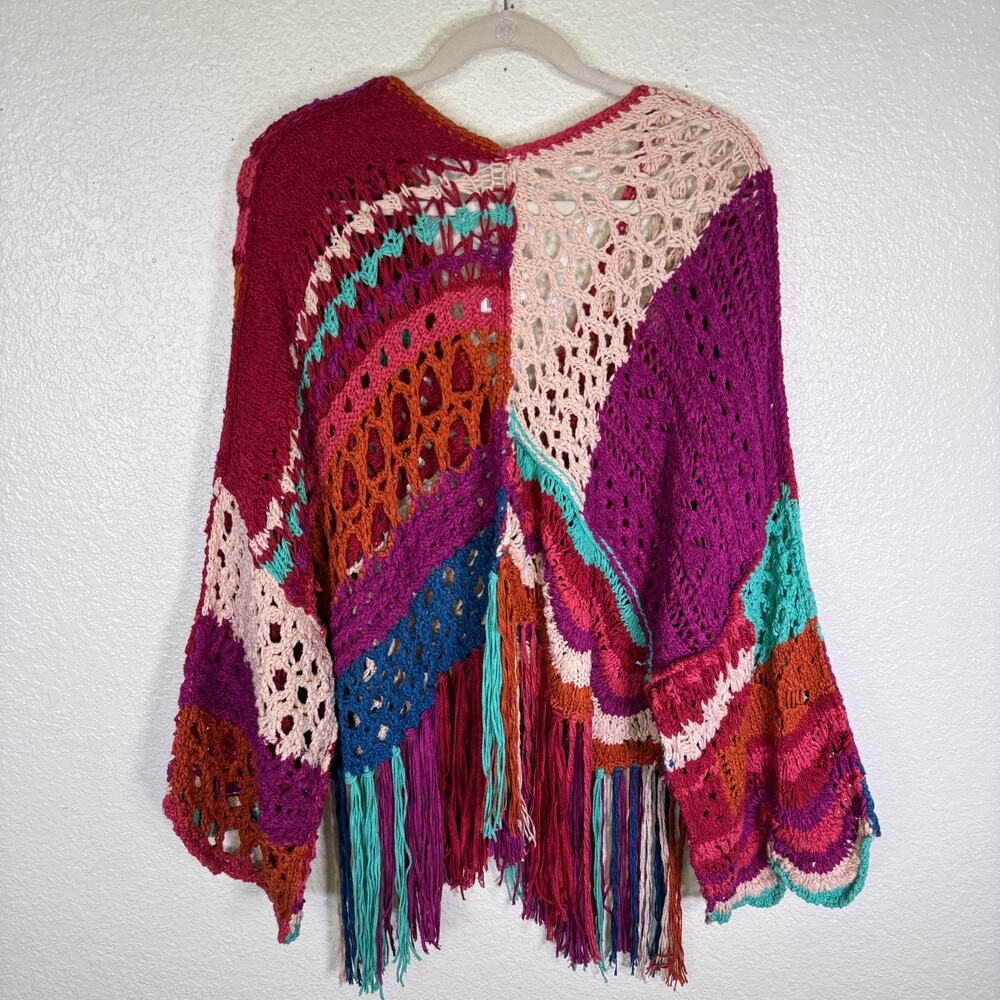 Free People Crochet Sweater Womens XS Fringe Poncho Boho Festival Coachella NEW - Picture 2 of 11